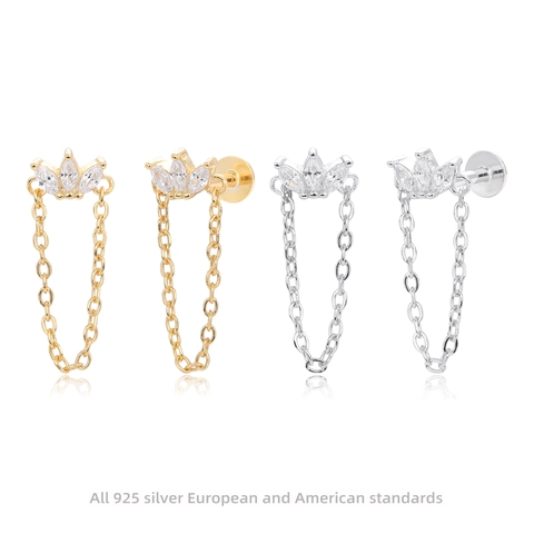 Boucles d'Oreilles Clous Couronne Chaîne Argent Sterling 925 Zircon Marquise Piercing Labret Dos Plat Bijoux Femme