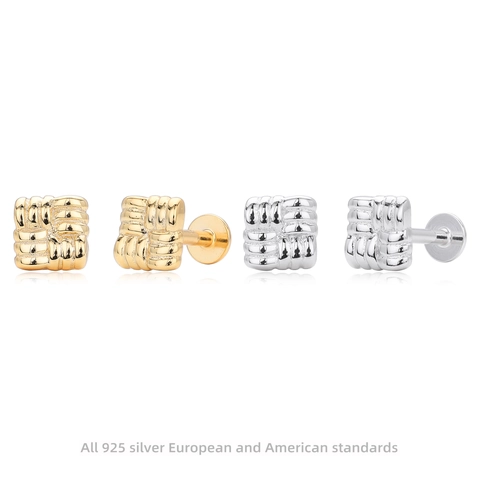 Minimalist 925 Sterling Silver Square Stud Earrings Woven Texture Diagonal Stripe Real Gold Plated Piercing Jewelry For Unisex