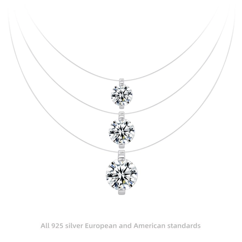 Minimalist S925 Sterling Silver Zircon Moissanite Invisible Fishing Line Necklace For Women Round Pendant Clavicle Chain Jewelry