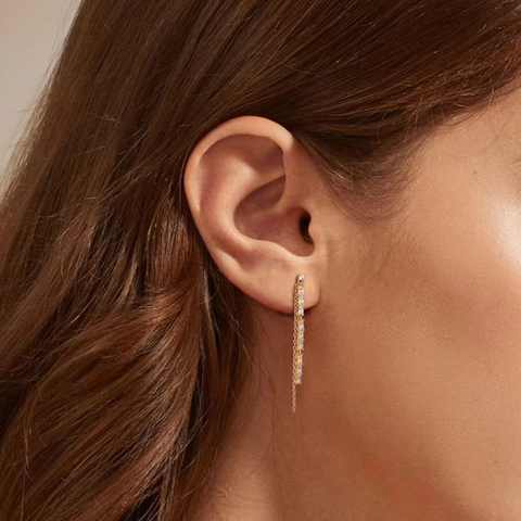 S925 Sterling Zilveren Kwastje Hangende Oorbellen Met Baguette Zirkonia Mode Lange Flexibele Ketting Oorlijn Vrouwen Sieraden