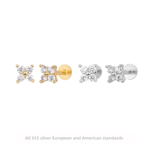 925 Sterling Silber Vierblättriges Kleeblatt Ohrstecker Zirkonia Vergoldet Flatback Labret Schraubgewinde Schmuck Für Damen