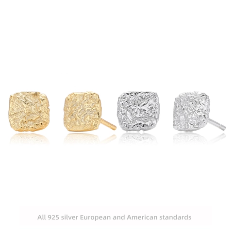 925 Sterling Zilver Onregelmatige Rimpel Lava Oorknopjes Voor Vrouwen Minimalistische Gehamerd Textuur Vierkante Geometrische Oorbellen Sieraden