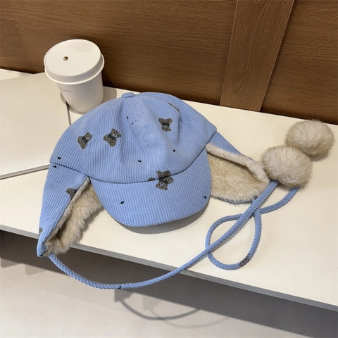 Colbacco In Velluto A Coste Invernale Da Donna Simpatico Orso Stampa Foderato In Peluche Paraorecchie Con Pompon Cappello Caldo