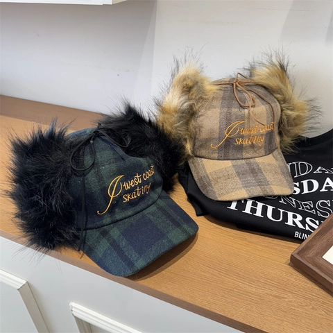 Gorro de Trampero Vintage Americano a Cuadros Con Orejeras Mujer Forro de Piel Sintética Gorra de Béisbol Bordada de Invierno