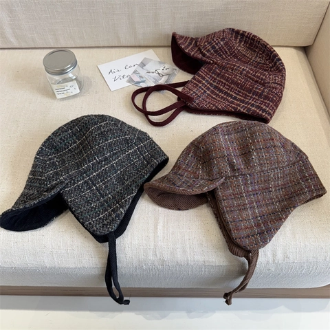 Colbacco Retrò Giapponese a Quadretti per Donna Inverno Ispessito Caldo Antivento Protezione Orecchie Cappello Aviatore Texture Tweed