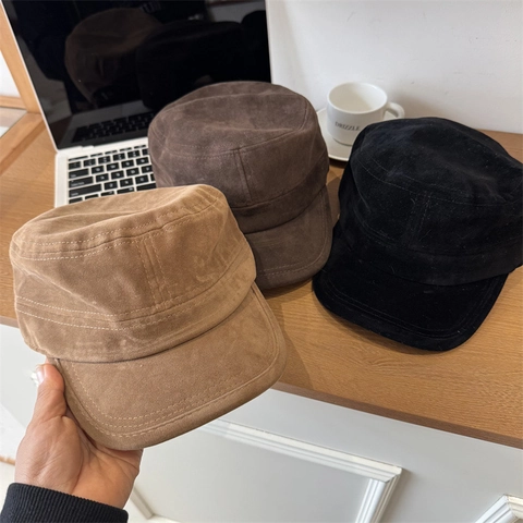 Women's Faux Suede Flat Top Military Cap Adjustable Fashion Sun Hat Autumn Winter Warm Cadet Hat For Casual Daily Use