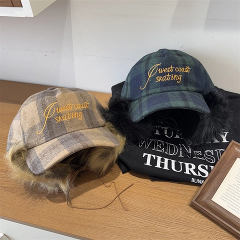 Gorro de Trampero Vintage Americano a Cuadros Con Orejeras Mujer Forro de Piel Sintética Gorra de Béisbol Bordada de Invierno