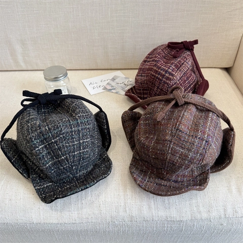 Colbacco Retrò Giapponese a Quadretti per Donna Inverno Ispessito Caldo Antivento Protezione Orecchie Cappello Aviatore Texture Tweed