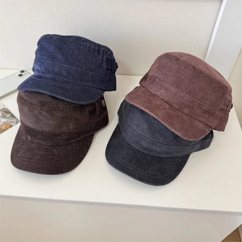 Vintage Corduroy Flat Top Hat Adjustable Military Cadet Cap Warm Autumn Winter Solid Color Casual Outdoor Headwear For Men Women