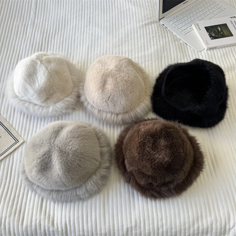 Women Winter Faux Fur Bucket Hat Thicken Warm Plush Fisherman Hat Solid Color Windproof Outdoor Cold Protection Basin Cap