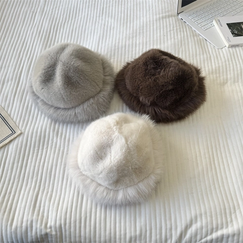 Women Winter Faux Fur Bucket Hat Thicken Warm Plush Fisherman Hat Solid Color Windproof Outdoor Cold Protection Basin Cap