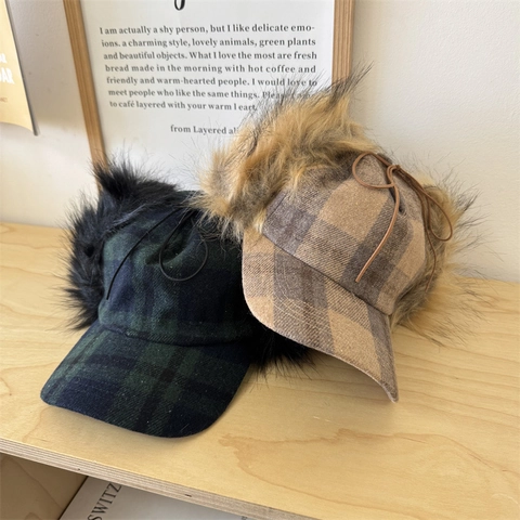 Women Vintage Plaid Trapper Hat Winter Warm Faux Fur Earflap Baseball Cap With Tie Strap Outdoor Windproof Warm Hat