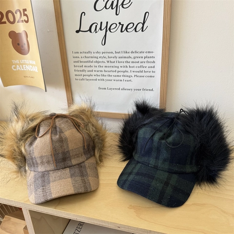 Women Vintage Plaid Trapper Hat Winter Warm Faux Fur Earflap Baseball Cap With Tie Strap Outdoor Windproof Warm Hat