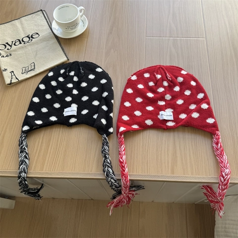 Gorro de Punto Vintage de Lunares Para Mujer Con Protección Para los Oídos y Trenzas Gorro de Invierno Cálido Para Diario al Aire Libre