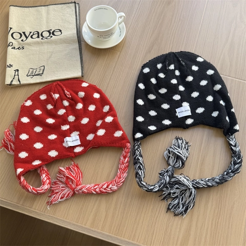 Gorro de Punto Vintage de Lunares Para Mujer Con Protección Para los Oídos y Trenzas Gorro de Invierno Cálido Para Diario al Aire Libre