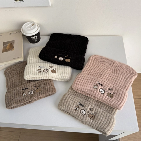 Japanese Cute Cat Ears Apple Embroidery Knit Beanie Hat For Women Autumn Winter Warm Ribbed Skull Cap Sweet Headwear