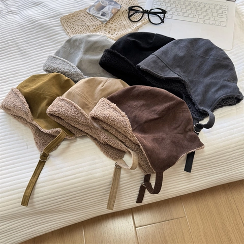 Women Vintage Corduroy Trapper Hat With Sherpa Lining Winter Warm Ear Protection Lei Feng Hat Windproof Buckle Earflap Cap