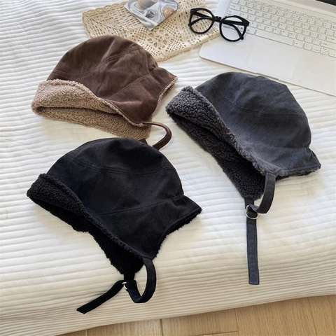 Women Vintage Corduroy Trapper Hat With Sherpa Lining Winter Warm Ear Protection Lei Feng Hat Windproof Buckle Earflap Cap