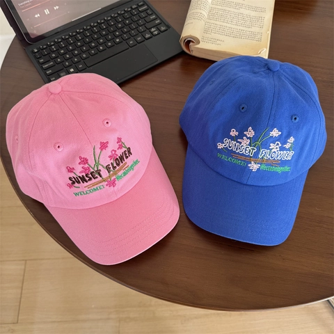 Gorra de Béisbol con Bordado Floral Estilo Coreano Mujer Hombre Retro Sunset Flower Letras Ajustable Sombrero de Sol de Lona de Algodón