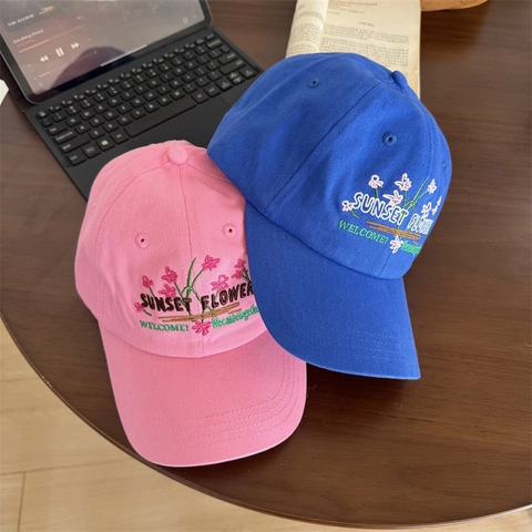 Gorra de Béisbol con Bordado Floral Estilo Coreano Mujer Hombre Retro Sunset Flower Letras Ajustable Sombrero de Sol de Lona de Algodón
