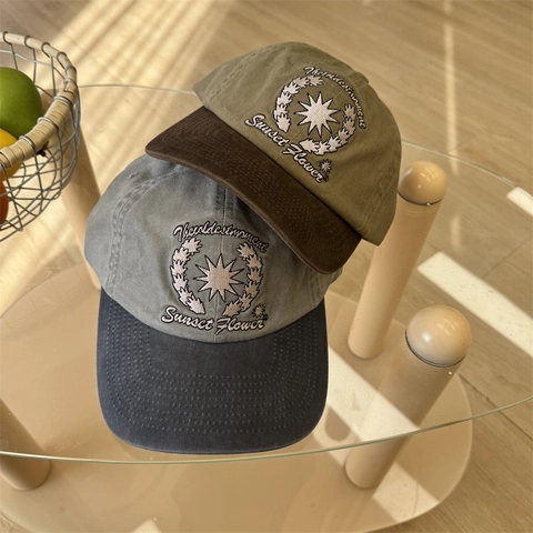 Gorra de Béisbol Vintage de Bloques de Color para Mujeres Hombres con Letras Bordadas Sunset Flower Algodón Poliéster Sombrero de Sol Ajustable Streetwear Moda Retro