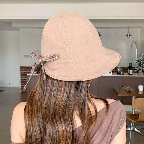 Cappello da Pescatore Plaid Double-Face Donna Protezione Solare Pieghevole Ala Larga Con Fiocco Casual Estivo Parasole