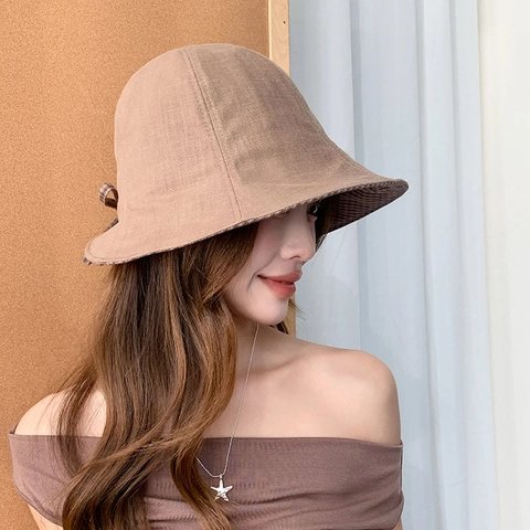 Cappello da Pescatore Plaid Double-Face Donna Protezione Solare Pieghevole Ala Larga Con Fiocco Casual Estivo Parasole