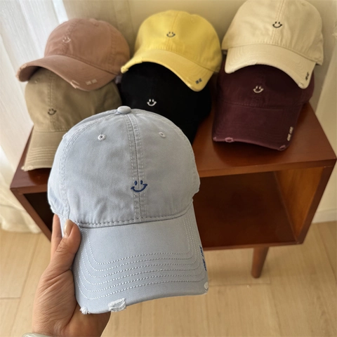 Gorra de Béisbol Bordada con Cara Sonriente Estilo Coreano para Mujer Hombre Casual Desgastado Ajustable