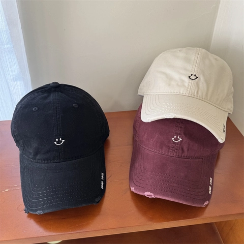Gorra de Béisbol Bordada con Cara Sonriente Estilo Coreano para Mujer Hombre Casual Desgastado Ajustable