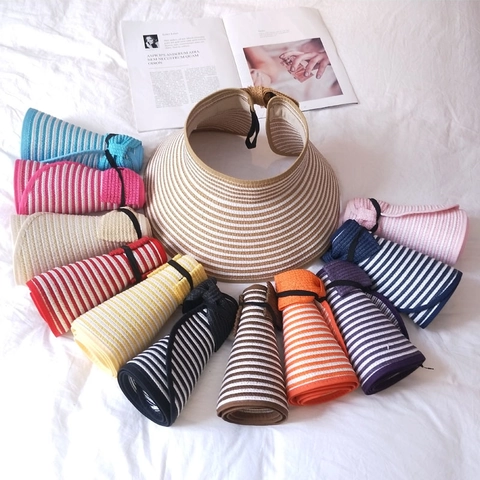 Women Summer Straw Sun Visor Hat Striped Large Brim Foldable Open Top Beach Hat UV Protection Adjustable Vacation Sunhat