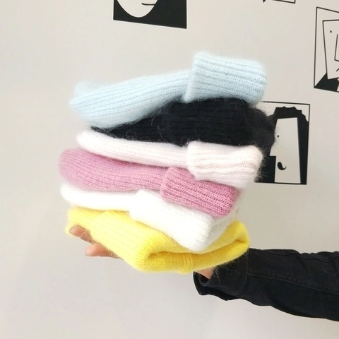 Warm Angora Rabbit Hair Knitted Beanie For Women Double Layer Thickened Fluffy Winter Hat Soft Ribbed Thermal Skull Cap