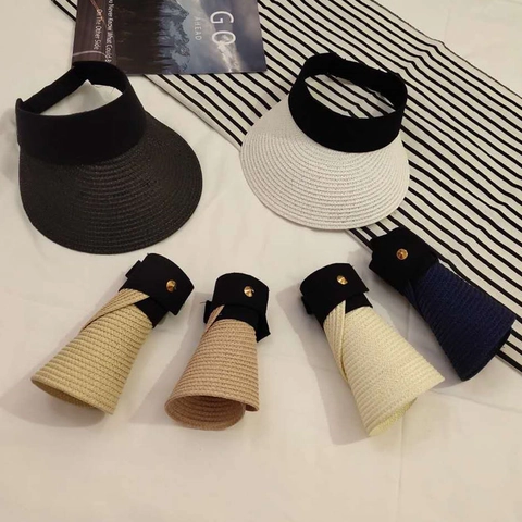 Visière en Paille Pliable pour Femmes Large Bord Tressé Chapeau de Plage Été Avec Bande Élastique Protection UV
