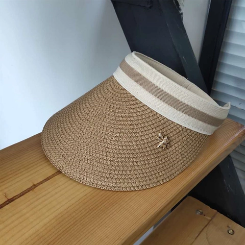 Women Sun Visor Hat Straw Empty Top UV Protection Summer Beach Wide Brim Foldable Cap With Metal Bee Decoration Striped Band