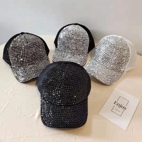 Women Fashion Rhinestone Baseball Cap Breathable Mesh Trucker Hat Sparkly Crystal Bling Adjustable Summer Sunshade Hat