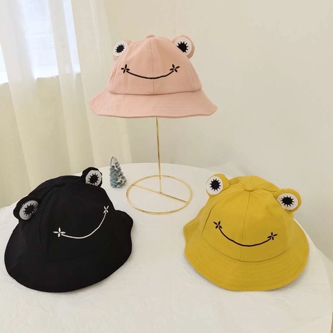 Χαριτωμένο 3D Καπέλο Bucket Βάτραχος Μείγμα Βαμβακιού Πολυεστέρα Αναδιπλούμενο Καπέλο Ήλιου για Γυναίκες Παιδιά Μάτια Βατράχου Χαμογελαστό Πρόσωπο Κεντημένο Καπέλο Ψαρά