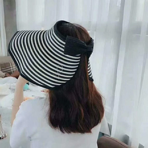 Women Summer Straw Sun Visor Hat Striped Large Brim Foldable Open Top Beach Hat UV Protection Adjustable Vacation Sunhat