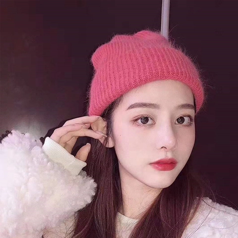 Warm Angora Rabbit Hair Knitted Beanie For Women Double Layer Thickened Fluffy Winter Hat Soft Ribbed Thermal Skull Cap