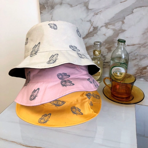Women Butterfly Print Bucket Hat Cotton Polyester Reversible Sun Protection Fisherman Hat For Summer Autumn Travel Casual Wear