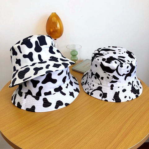 Cappello da Pescatore in Tela di Cotone Indossabile su Entrambi i Lati per Donna Carino con Stampa Muccata Panda Protezione Solare