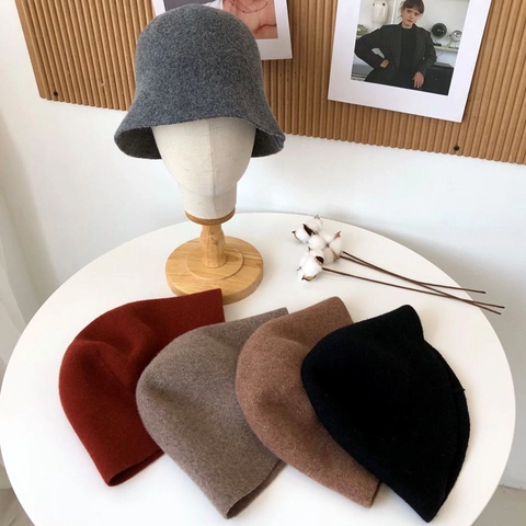 Women Vintage Wool Blend Bucket Hat Solid Color Foldable Warm Winter Cloche Fisherman Hat For Daily Travel