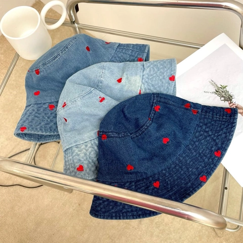 Cappello a Secchiello in Denim con Ricamo a Cuore Stile Giapponese Donna Retro Lavato Parasole Estivo Regolabile