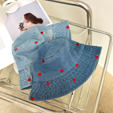 Cappello a Secchiello in Denim con Ricamo a Cuore Stile Giapponese Donna Retro Lavato Parasole Estivo Regolabile