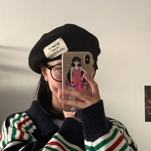 Acrylic Knitted Beret Hat For Women Autumn Winter Warm Painter Hat With Letter Patch Korean Style Student Slouchy Bonnet