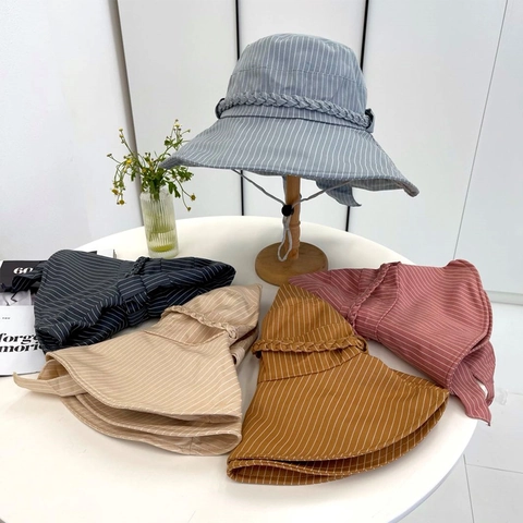 Women Fashion Vertical Stripe Sun Hat With Decorative Bow Wide Brim Fisherman Bucket Hat For Summer Outdoor Beach Travel