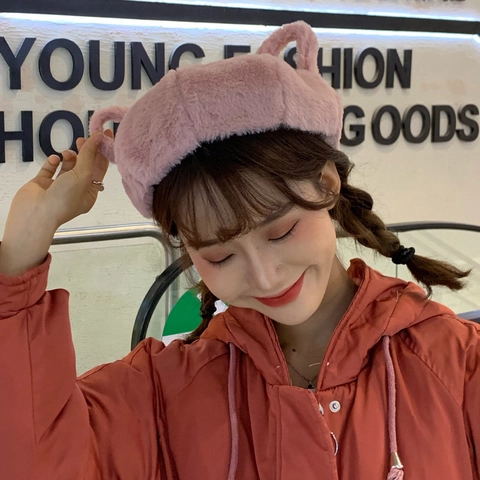 Women's Sweet Plush Beret Hat With Rabbit Ears Cute Cartoon Winter Warm Faux Fur Artist Cap Daily Outdoor Fashion Accessories