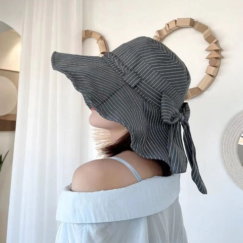 Women Fashion Vertical Stripe Sun Hat With Decorative Bow Wide Brim Fisherman Bucket Hat For Summer Outdoor Beach Travel