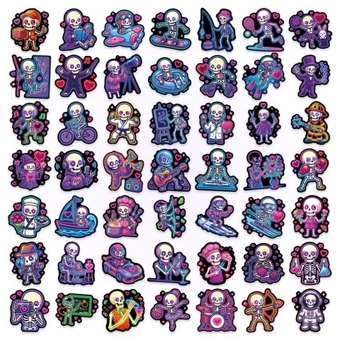 Autocollants Squelette Néon Esthétique Violette Dessin Animé Crâne Autocollants pour Ordinateur Portable Bouteille d'eau Skateboard Gothique Coeur