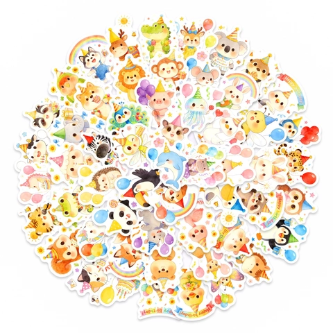 Watercolor Cartoon Animal Birthday Party Stickers Cute Lion Panda Penguin Waterproof Stickers For Kids DIY Scrapbook Laptop