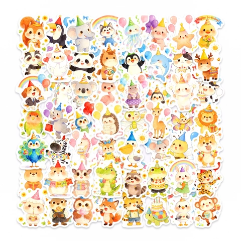Watercolor Cartoon Animal Birthday Party Stickers Cute Lion Panda Penguin Waterproof Stickers For Kids DIY Scrapbook Laptop