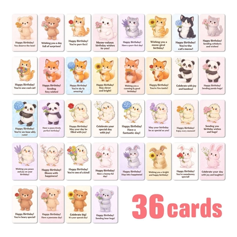 Simpatici Biglietti d'Auguri di Compleanno Animali Acquerello Stile Disegnato a Mano Cartone Animato Assortiti per Bambini Amici Festa di Compleanno